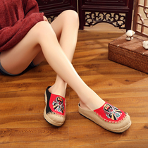 Linen fairy shoes new embroidered female slippers Baotou facebook flat bottom casual ethnic wind meritocratic and old Beijing cloth shoes