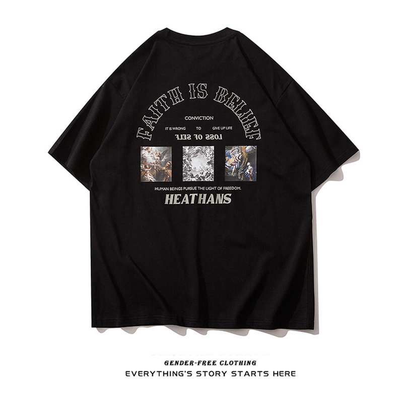 chic bishop high street trend printed short sleeve T-shirt male loose round collar fashion lovers pure cotton summer clothes