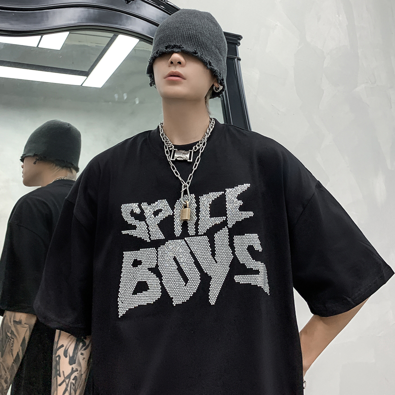 Original design letter hot drill short-sleeved men's shirt loose street Harajuku trend brand half-sleeved couple summer dress