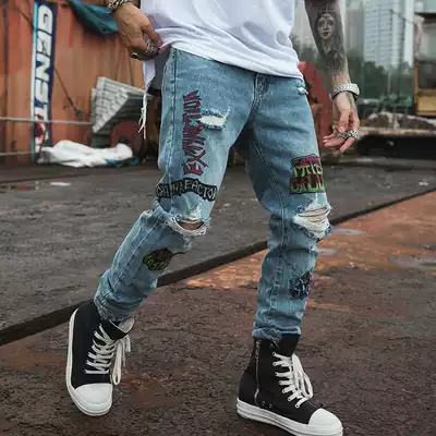 ins Street tide card hip-hop print slim trendy men's jeans hole hiphop National Tide tight narrow pants
