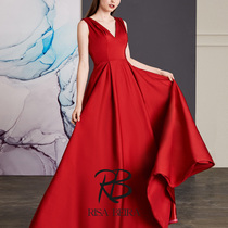 RISA original high-end custom Floating Light Red imported satin deep V-neck suspender long dress evening dress