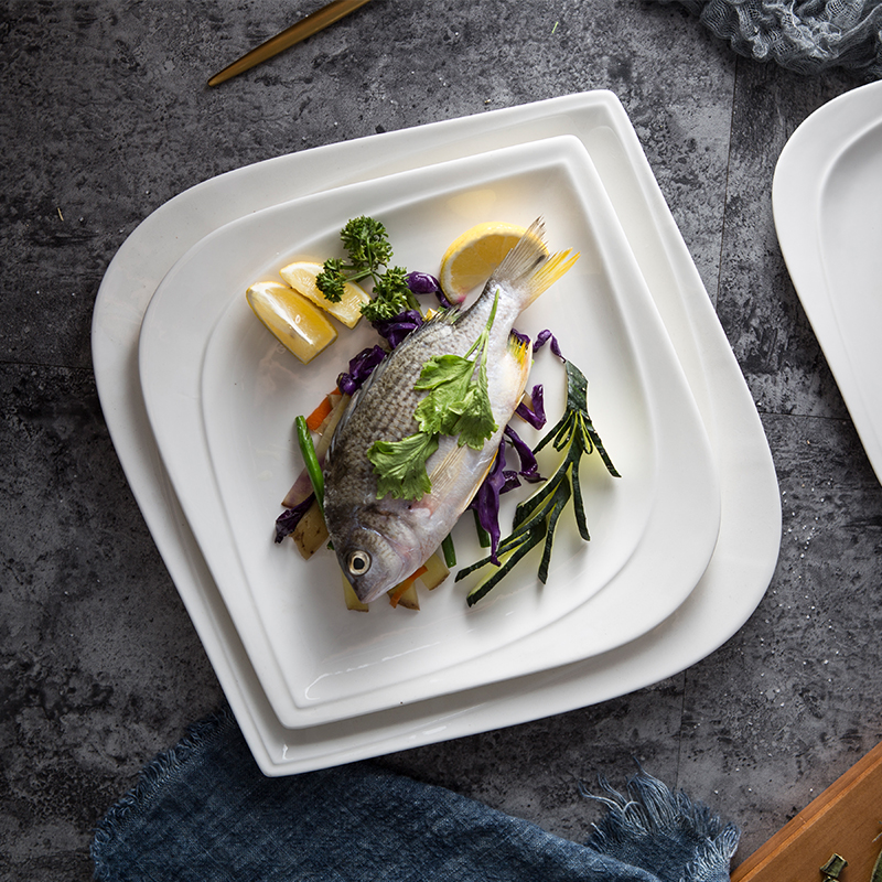 Western Dining Tray Steak Dish Pasta Dish 10-inch square European-style white ceramic disc Bull Pickpocketing PLATE CUTLERY-TAOBAO