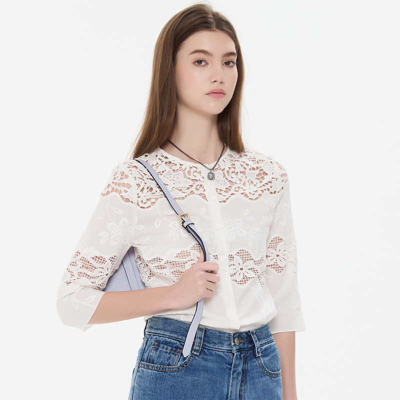 Youran Wubian Silk Cotton Embroidery French Embroidery Shirt Top for Women Summer White Hollow Lace Blouse Youran Wubian Silk Cotton Embroidery French Embroidery Shirt Top for Women Summer White Hollow Lace Blouse