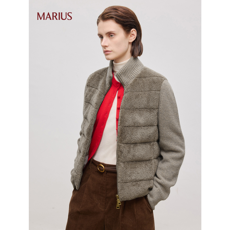 Marius |   Teddy down Fabric Knit Patchwork White Goose down Neat Slim-Fit Short down Jacket