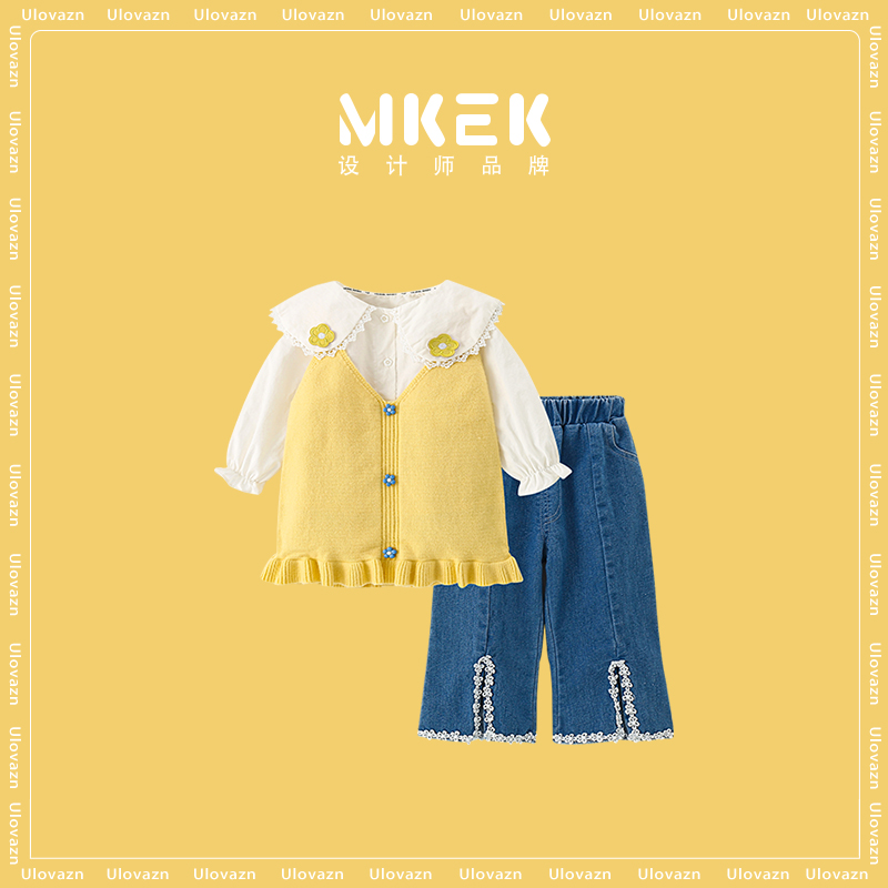 Japan Ulovazn children's clothes ~ girls suit autumn and winter new foreign air casual knit Machia children three sets Chaoboo