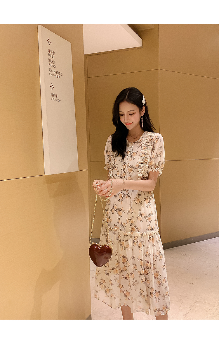 VK旗艦店 韓系淑女復古碎花拼接木耳邊短袖洋裝