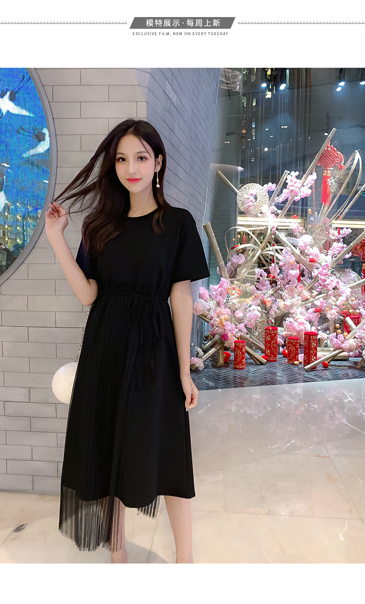 VK旗艦店 韓系學院風壓褶網紗拼接短袖洋裝