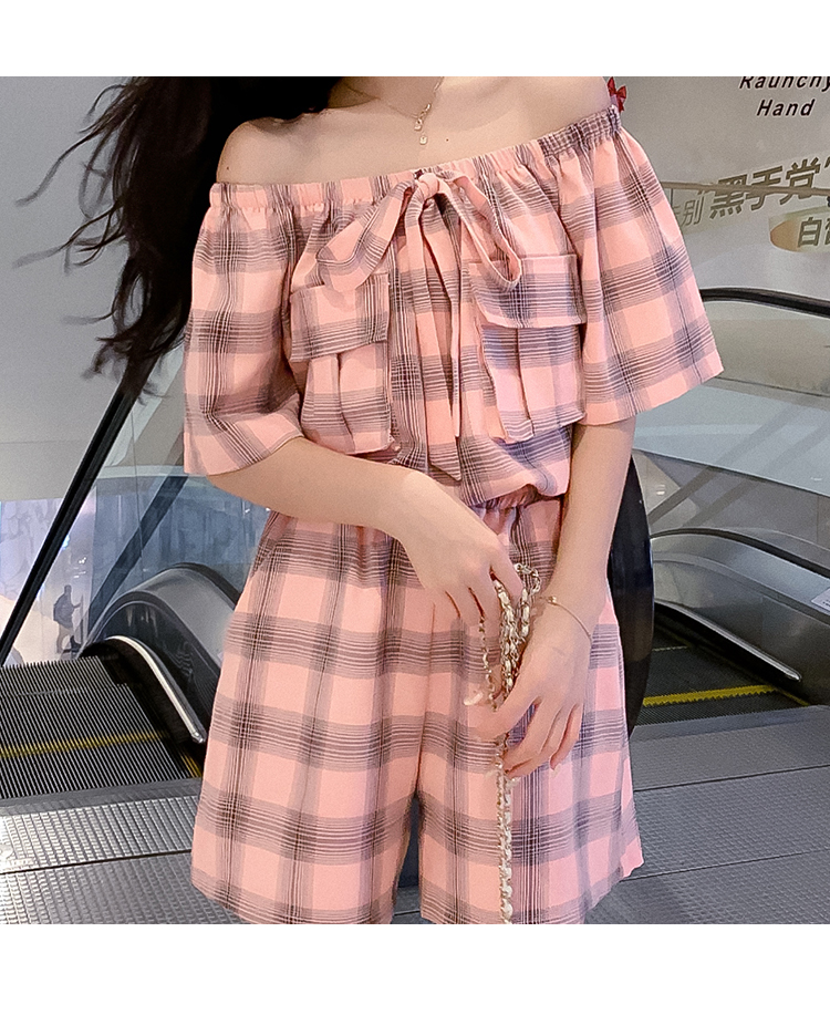 VK旗艦店 韓系格紋一字領短褲套裝短袖褲裝