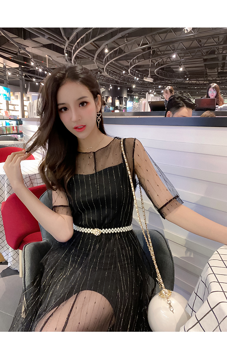 DABI 韓國風名媛淑女珍珠透視袖網紗套裝短袖裙裝 DABI 韓國風名媛淑女珍珠透視袖網紗套裝短袖裙裝