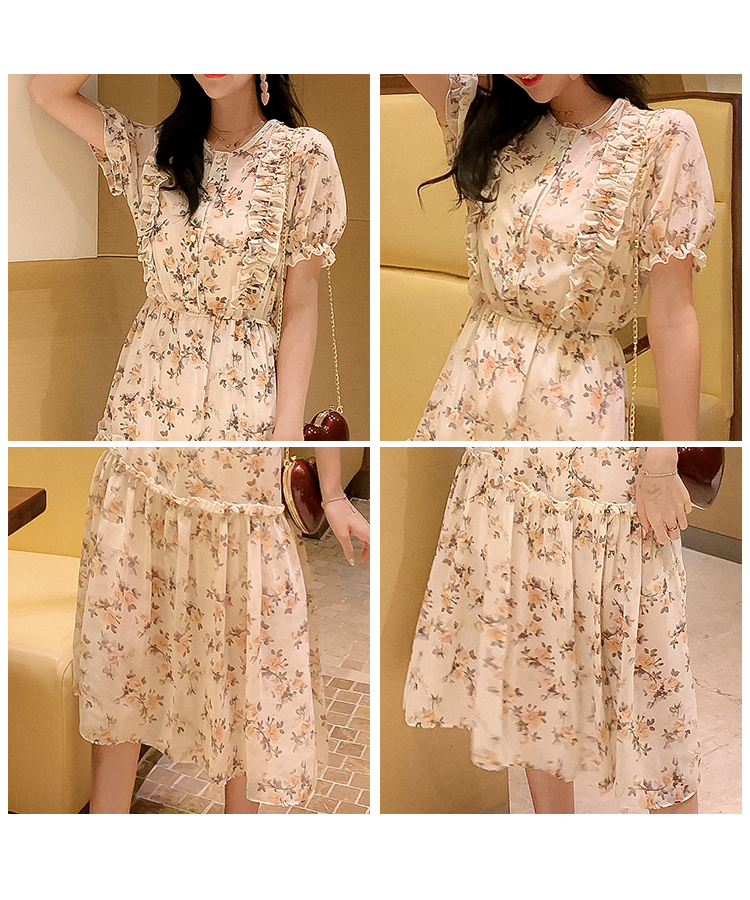 VK旗艦店 韓系淑女復古碎花拼接木耳邊短袖洋裝