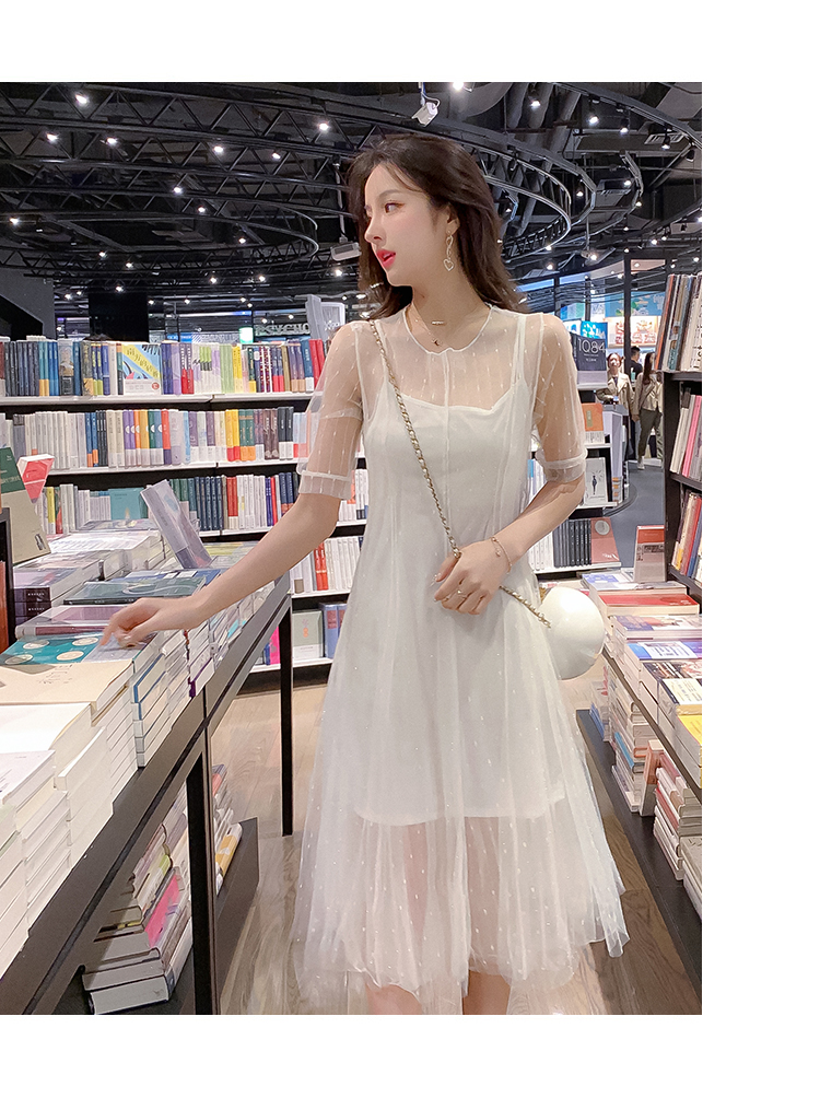 DABI 韓國風名媛淑女珍珠透視袖網紗套裝短袖裙裝 DABI 韓國風名媛淑女珍珠透視袖網紗套裝短袖裙裝