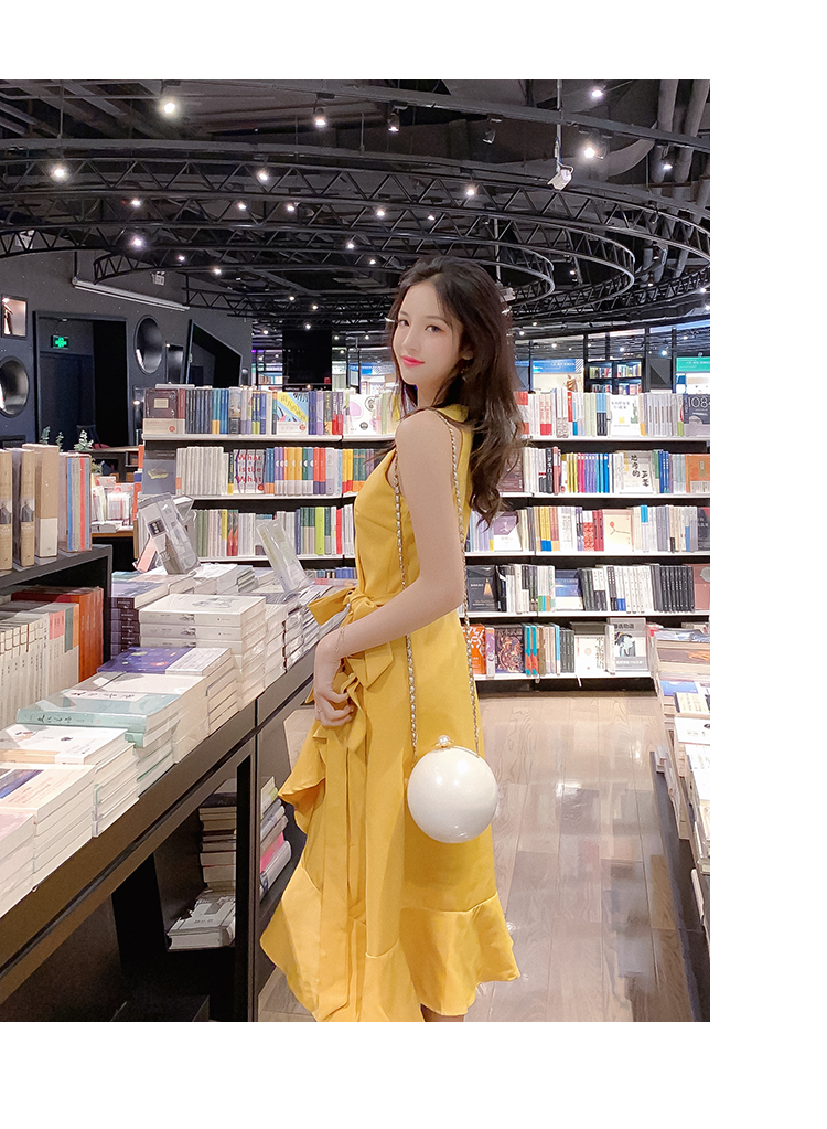 VK旗艦店 韓系不規則收腰綁帶荷葉邊V領無袖洋裝