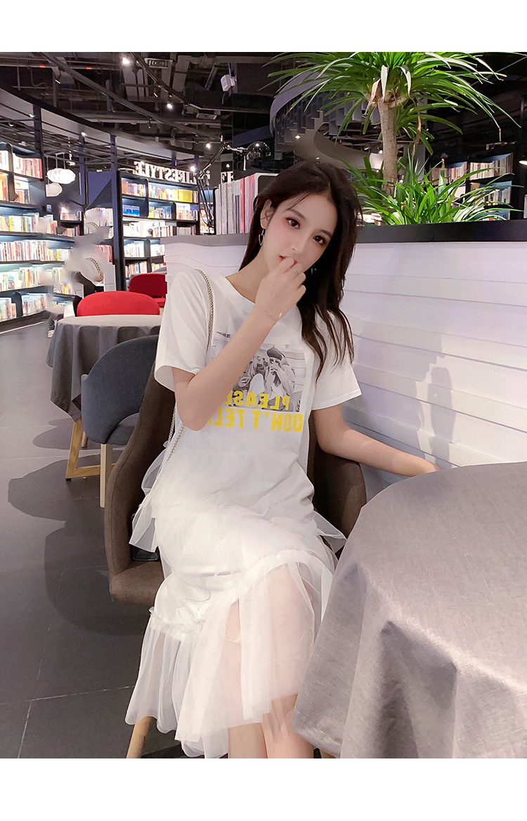 VK旗艦店 韓系拼接不對稱網紗時尚短袖洋裝