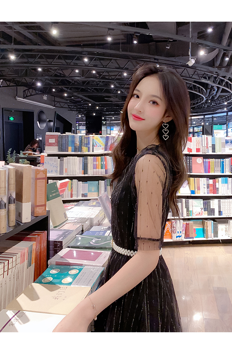 DABI 韓國風名媛淑女珍珠透視袖網紗套裝短袖裙裝 DABI 韓國風名媛淑女珍珠透視袖網紗套裝短袖裙裝