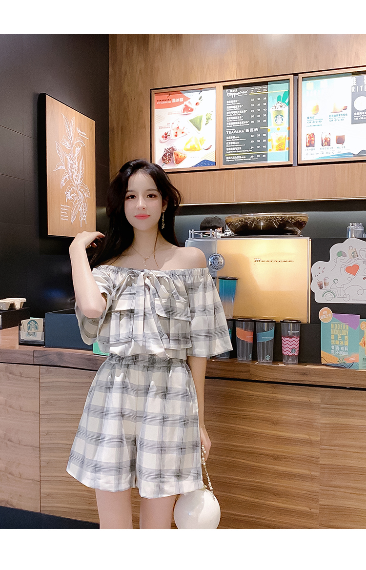 VK旗艦店 韓系格紋一字領短褲套裝短袖褲裝