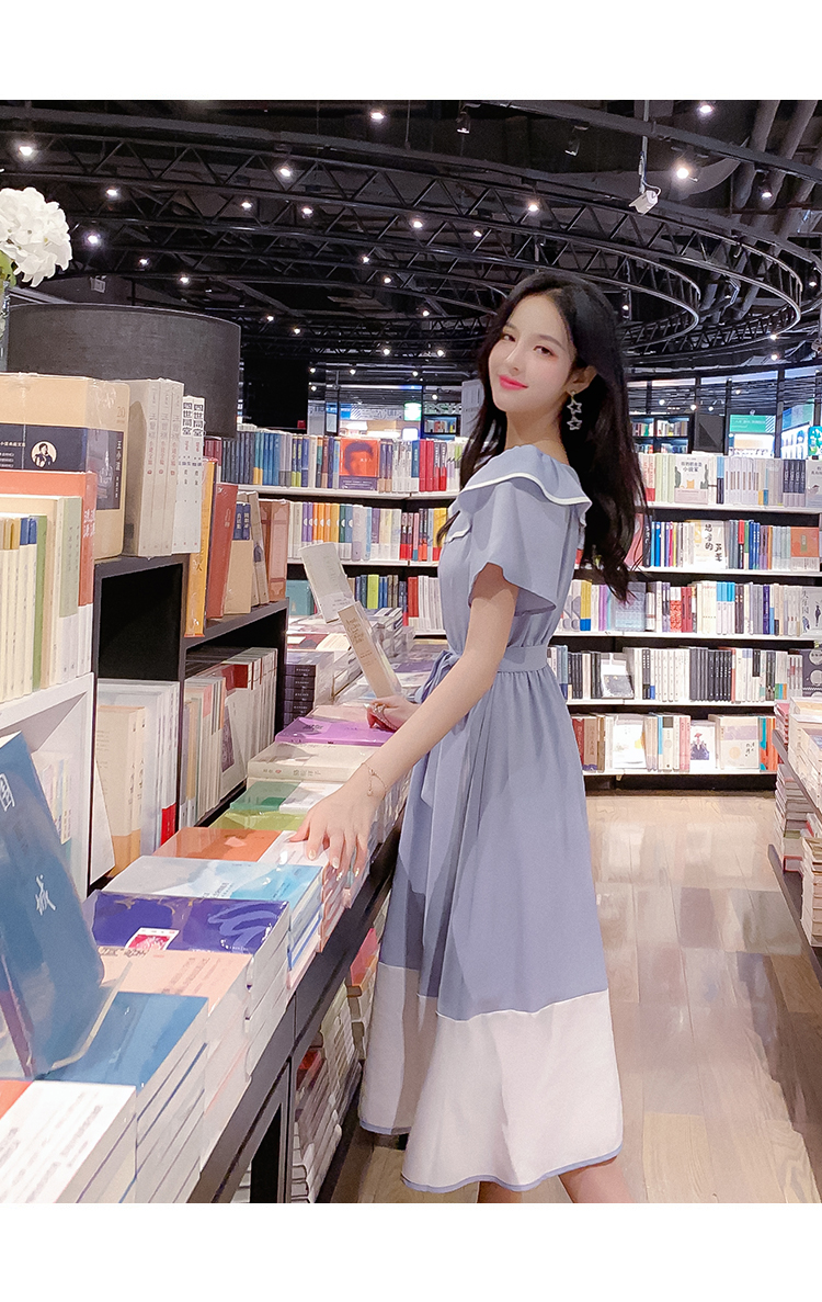 VK旗艦店 韓系撞色收腰顯瘦娃娃領淑女長版短袖洋裝