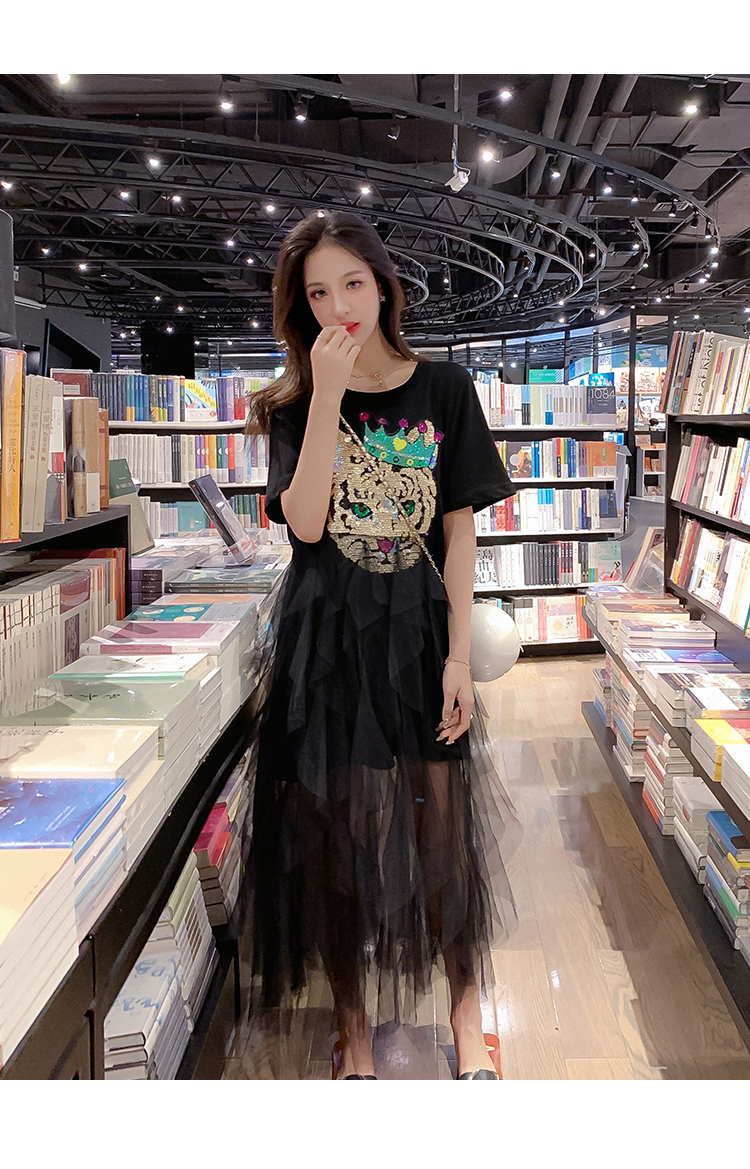 VK旗艦店 韓系學院風寬鬆亮片網紗短袖洋裝