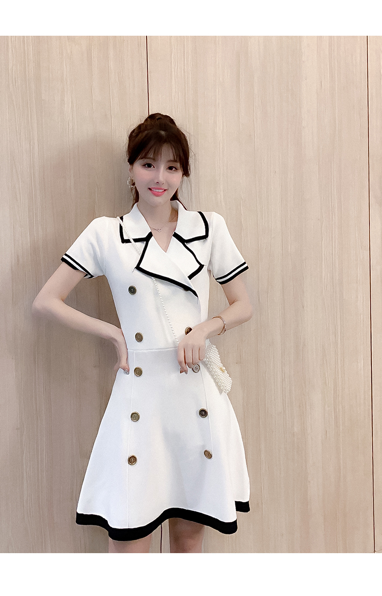 VK旗艦店 韓系雙排扣V領針織短袖洋裝