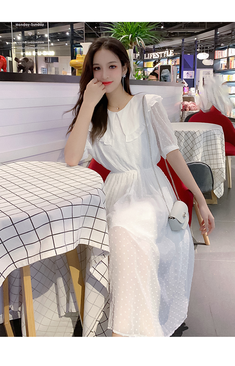 VK旗艦店 韓國風名媛娃娃領淑女雪紡長版短袖洋裝