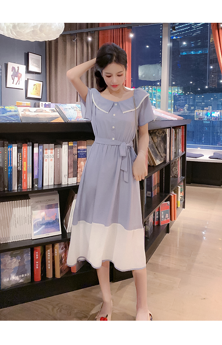 VK旗艦店 韓系撞色收腰顯瘦娃娃領淑女長版短袖洋裝