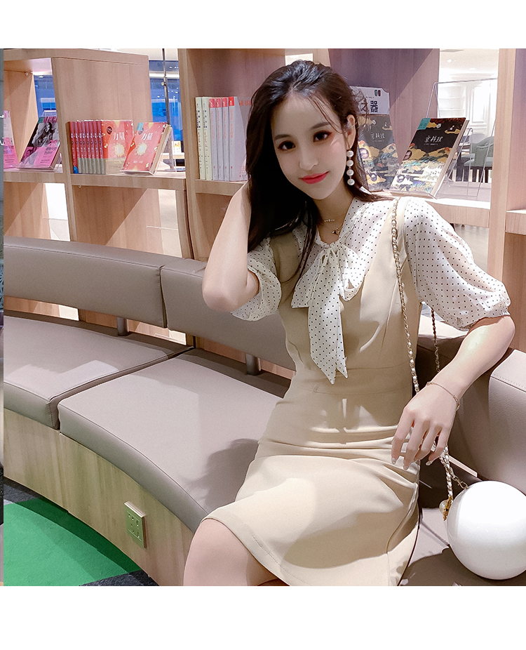 VK旗艦店 韓系圓點蝴蝶結圍巾領襯衫無袖套裝短袖裙裝