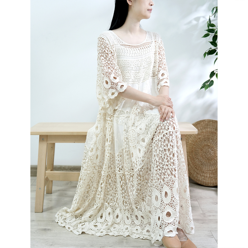 Summer Vacation Style Crochet Hollow Lace Dress for Women, Off-White, Artistic, High-End, Loose Waist, Plus Size Long Dress