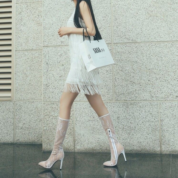 Genuine Leather Mesh Boots Spring 2022 Summer cool boots Boots Female Long Boots Mesh Veil surface tennis red though kneecap high cylinder boots