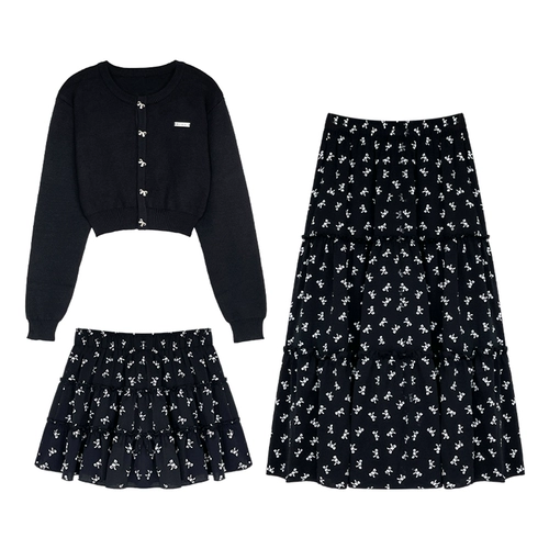 Трикотажный свитер с бантиком, юбка, летний комплект, цветочный принт, французский стиль