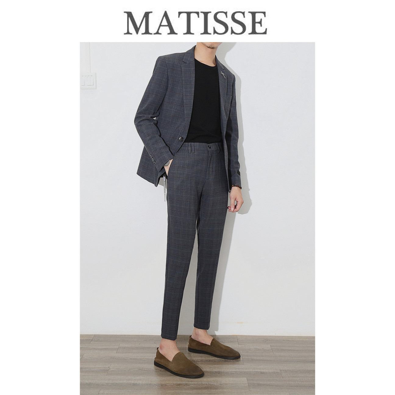 South Korea Youth Trend Korean version Shuai Inron craze Men's body Checkered Casual Little Suit Suit Two Sets