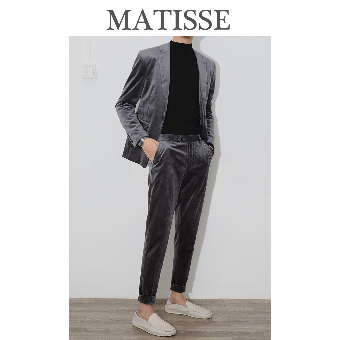 South Korean men's fashion trends Korean version casual gold velvet swarm suit jacket Inlenwind small suit suit Two sets