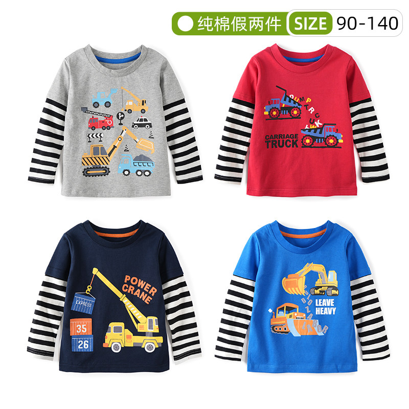 Children's pure cotton splicing long sleeve T-shirt Spring-autumn-style boy fake two-shirt blouse car pattern child clothing 90-140