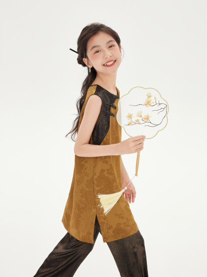 leobaby女童连衣裙夏季儿童新中式烫金提花无袖裙中大童洋气裙子