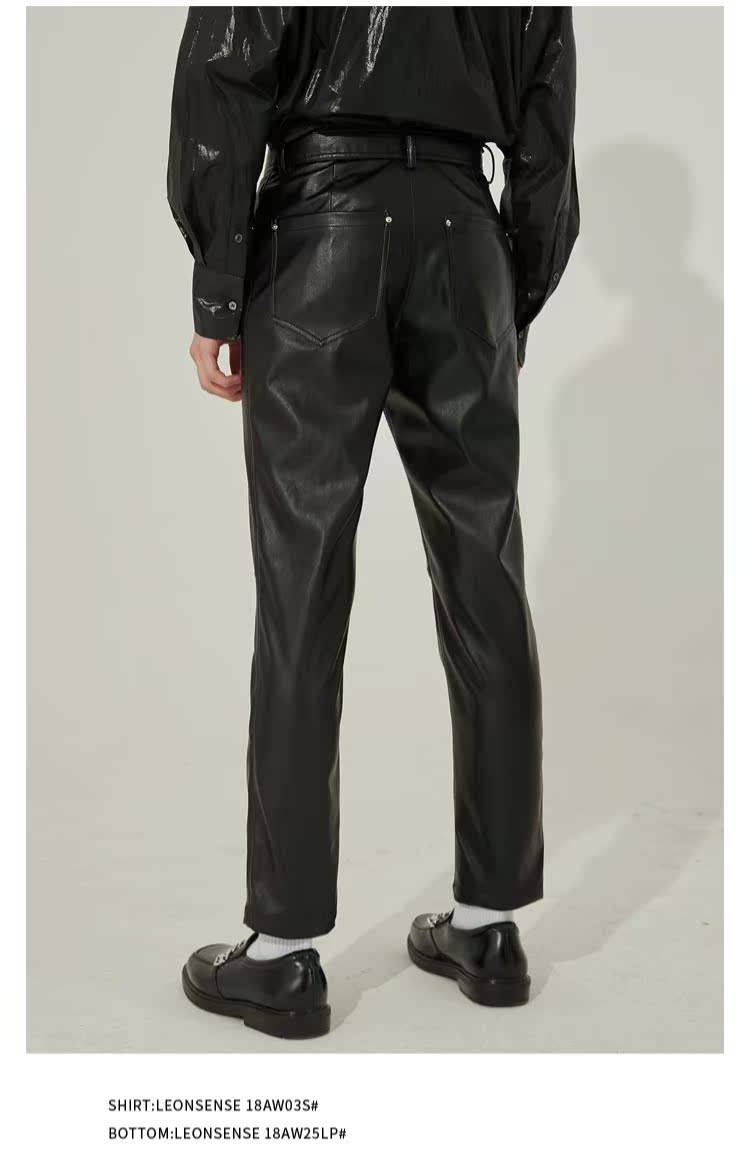 LEONSENSE 18FW Chủ đề Nhãn yuppie quần da PU màu đen Slim-fit quần nam chín điểm mùa thu mới shop bán đồ nam đẹp