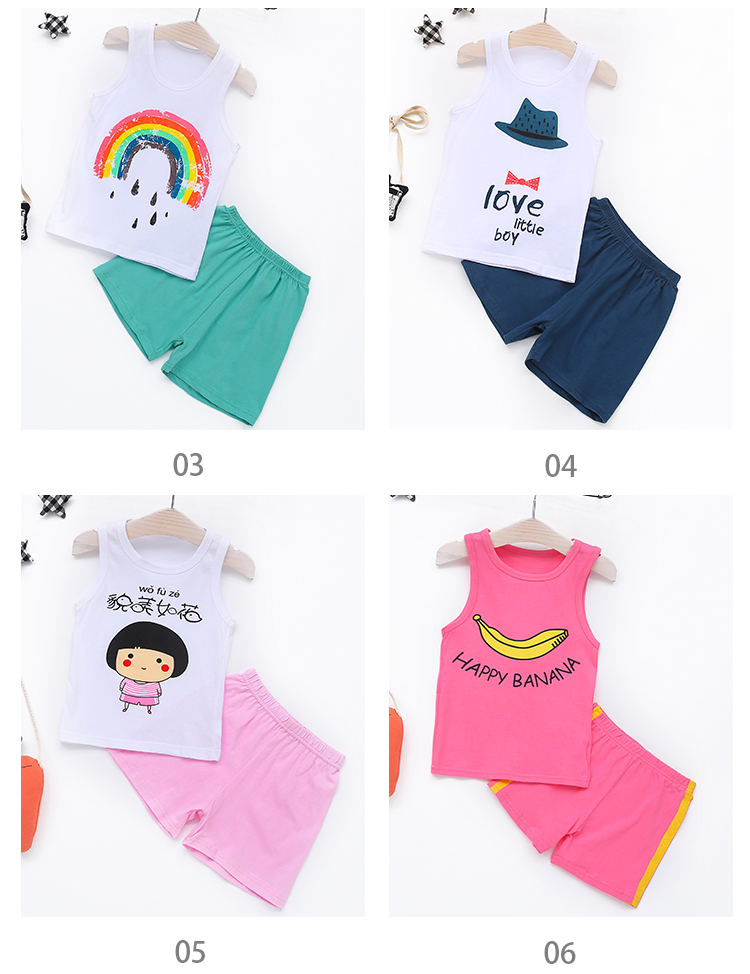 Mùa hè trẻ em cotton vest ngắn tay quần short chàng trai cô gái đồ ngủ mỏng Hàn Quốc giản dị dịch vụ nhà bé phù hợp với