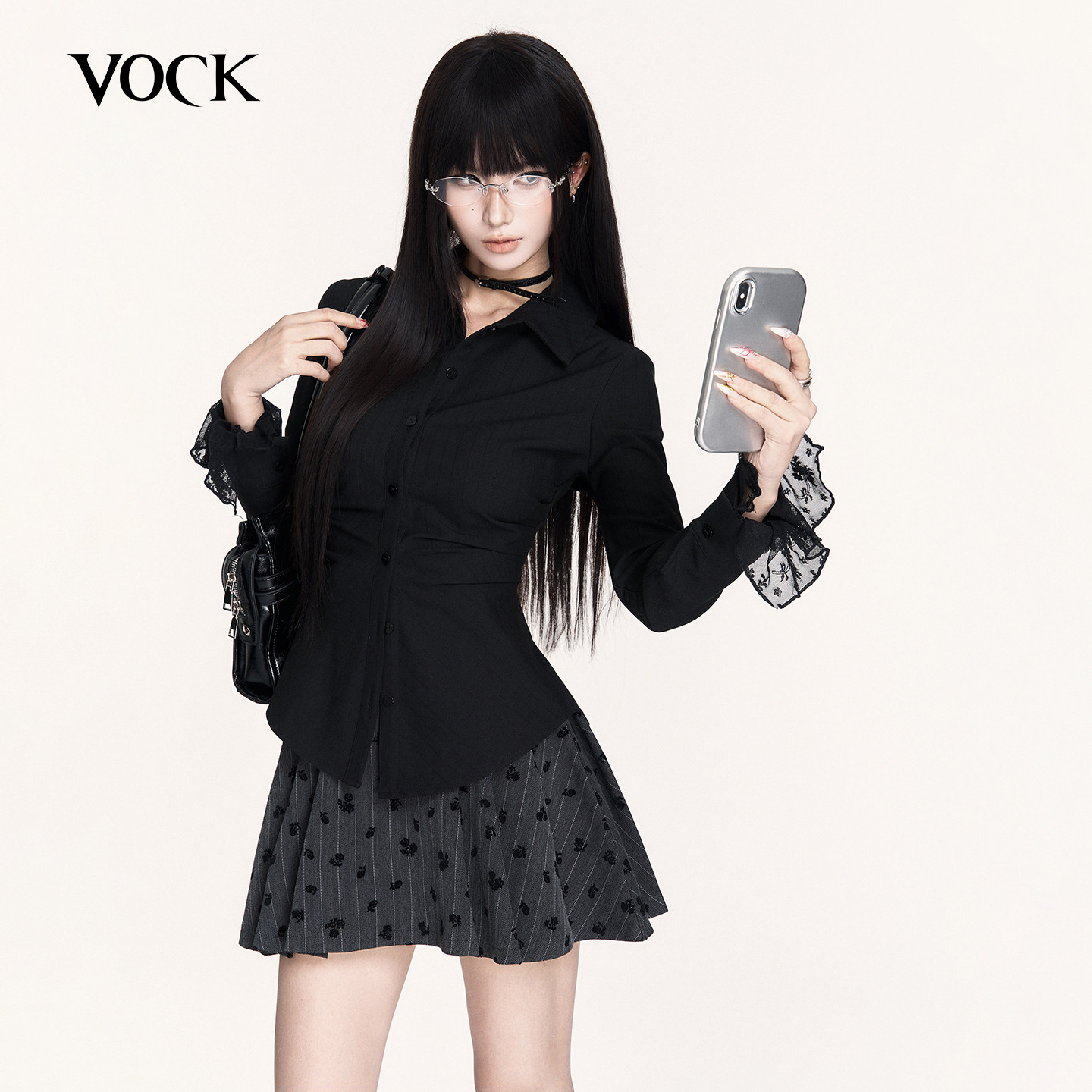 VOCK Dark-colored, preppy-style striped lace-trimmed long-sleeved shirt with a cinched waist and pleats, featuring a cinched waist and a preppy design.