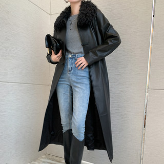 Nordic Design Wool Slim-Fit Long Leather Coat for Women, Over-The-Knee Extra-Long 2025 New Chinese Style Sheepskin Waist-Cinching Coat
