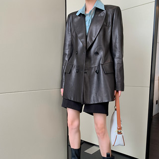 The Design Is Excellent. Paris Design 2025 New Model Sheepskin Waist-Cinching Leather Jacket for Women, Genuine Leather Suit, Mid-Length Coat