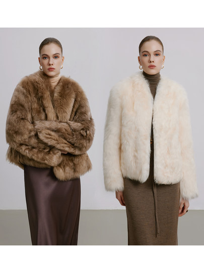 HIPMORE Luxurious classic two-color temperament fox fur-feel Xiao Hu Sheep 2025 winter new short fur coat for women