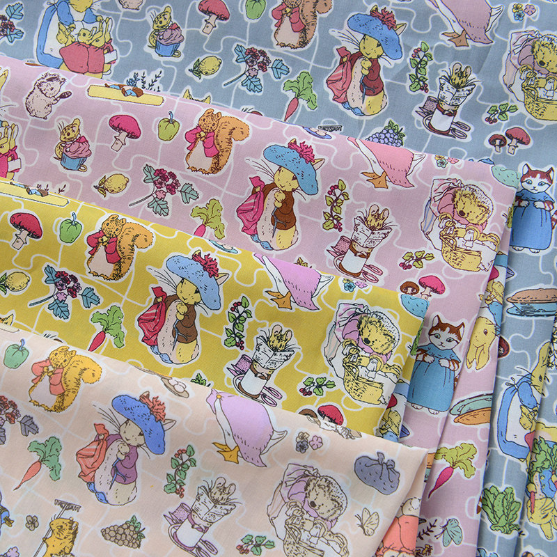Pure cotton fabric 60 hand cartoon field children's clothing fairy tale summer cotton fabric rabbit illustration