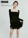 [FUSSED 23SS mesh pleated dress缎面低腰百褶双层拼纱芭蕾连衣裙]