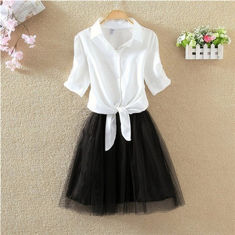 2019 Summer Outfit New Schoolgirl ngắn tay áo hai mảnh váy áo thắt nút eo lỏng phù hợp với dây váy