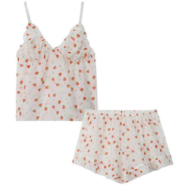 Sexy style strawberry suspender pajamas V-neck shorts two-piece set summer 2023 new sweet and cute homewear for women