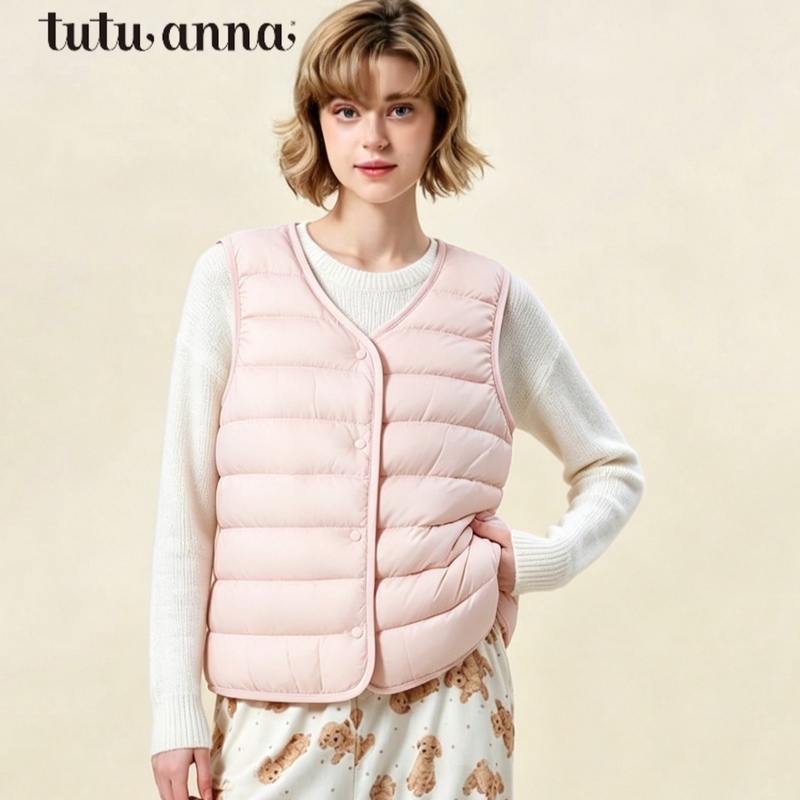 Tutuanna Genuine Women's Winter Lightweight down Jacket Cardigan Vest Round Neck Windproof Warm Vest for Inner Wear and Outer Wear