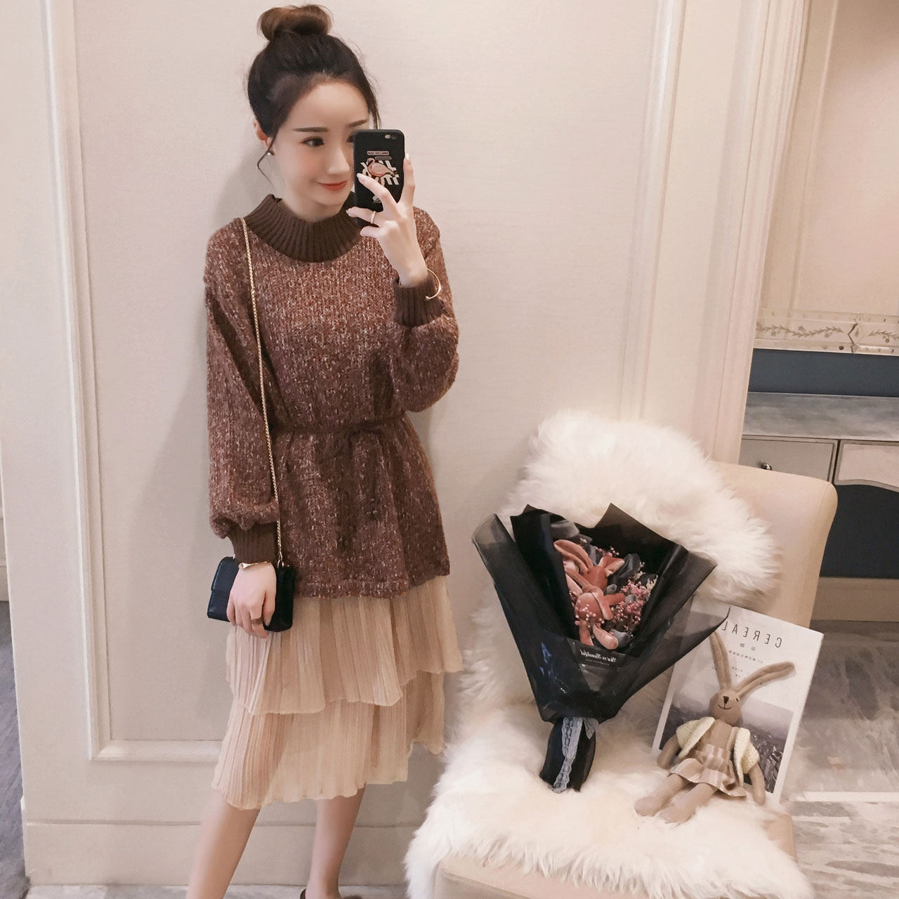 半高领连衣裙女冬季2017新款韩版拼接百褶纱网毛裙腰带收腰裙子
