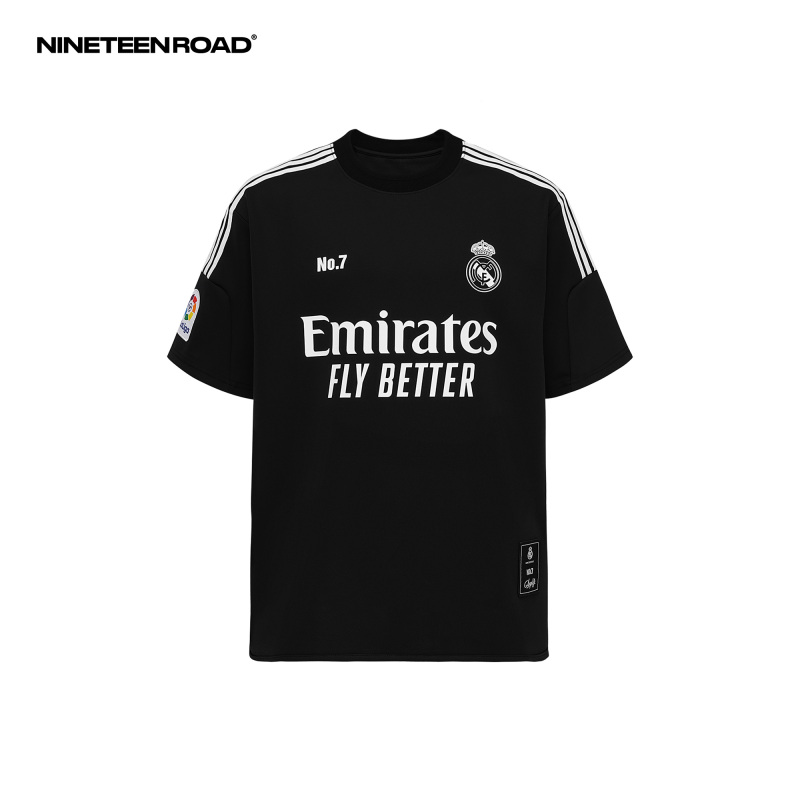 Black Warrior Real Madrid Jersey Style Short-Sleeved T-Shirt, Loose and Trendy Remake American Heavyweight Blokecore Football Uniform