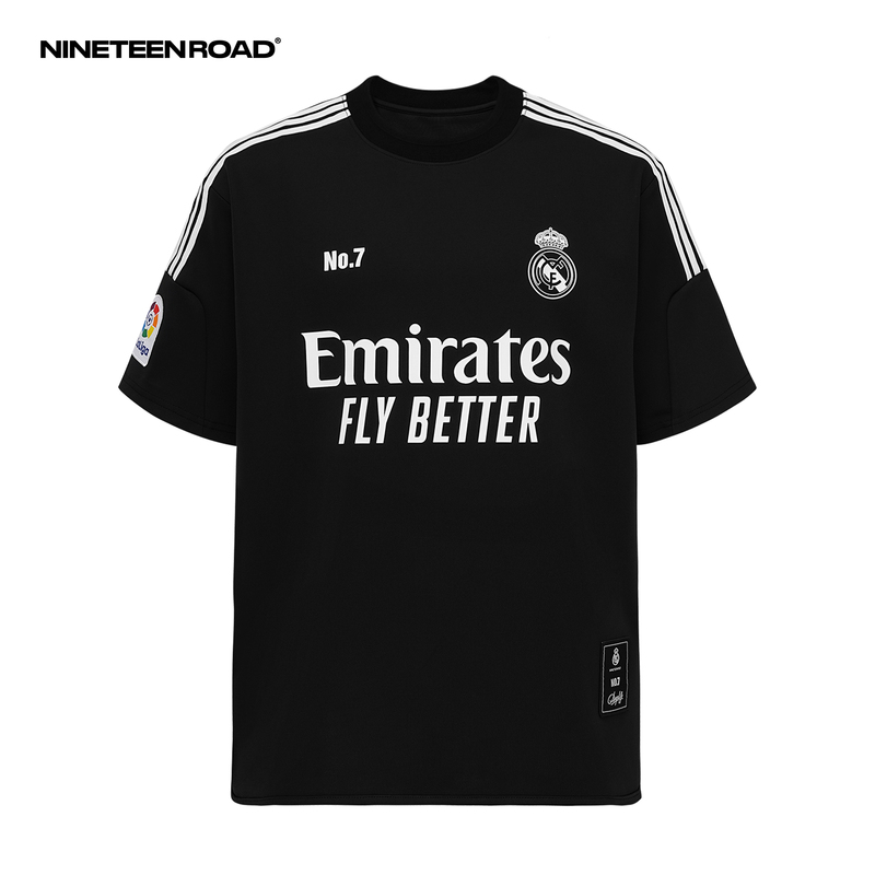 Black Warrior Real Madrid Jersey Style Short-Sleeved T-Shirt, Loose and Trendy Remake American Heavyweight Blokecore Football Uniform