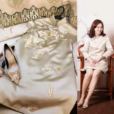 Original private custom autumn and winter Republic of China style improved cheongsam Xiuhe clothing short cotton silk embroidery thick coat heavy weight