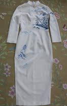 Green improved hand-painted cheongsam women autumn and winter Chinese style 2020 new winter dress long sleeve cheongsam silk skirt