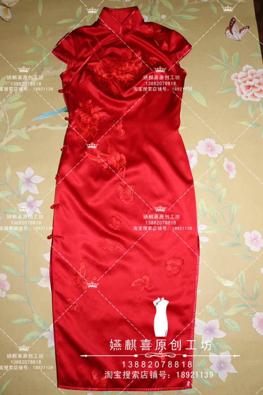 Heavy silk hand embroidered cheongsam Dress Everyday dress Slim dress Wedding cheongsam