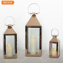 Nordic rose gold candle holder atmosphere floor stainless steel wind lamp outdoor candle lantern ornaments glass light luxury windproof